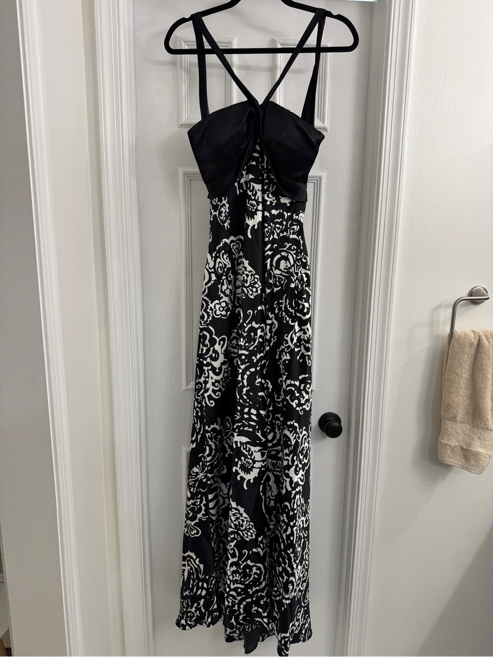 Betsy & Adam Black and White Floral Print Maxi Dress with Strappy Bodice
